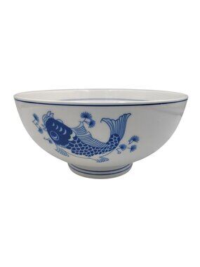 Ramen Noodle Soup Bowl Blue White Koi Fish Porcelain 8" Asian Japanese Retro